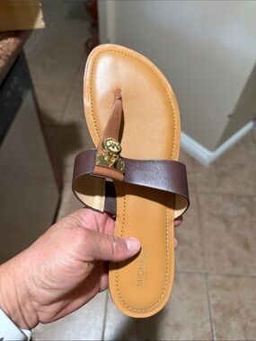 Michael Kors Tan and Dark Brown Leather Logo Toe-Ring Sandal